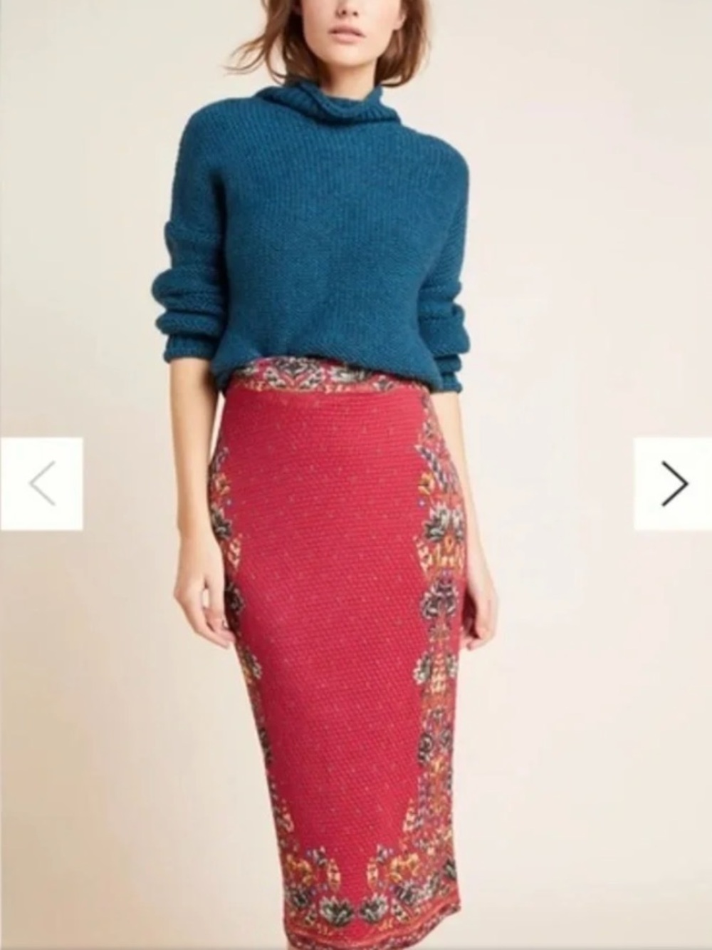 Farm Rio Catalina Textured Knit Pencil Skirt. Red with floral embroidery. Size S